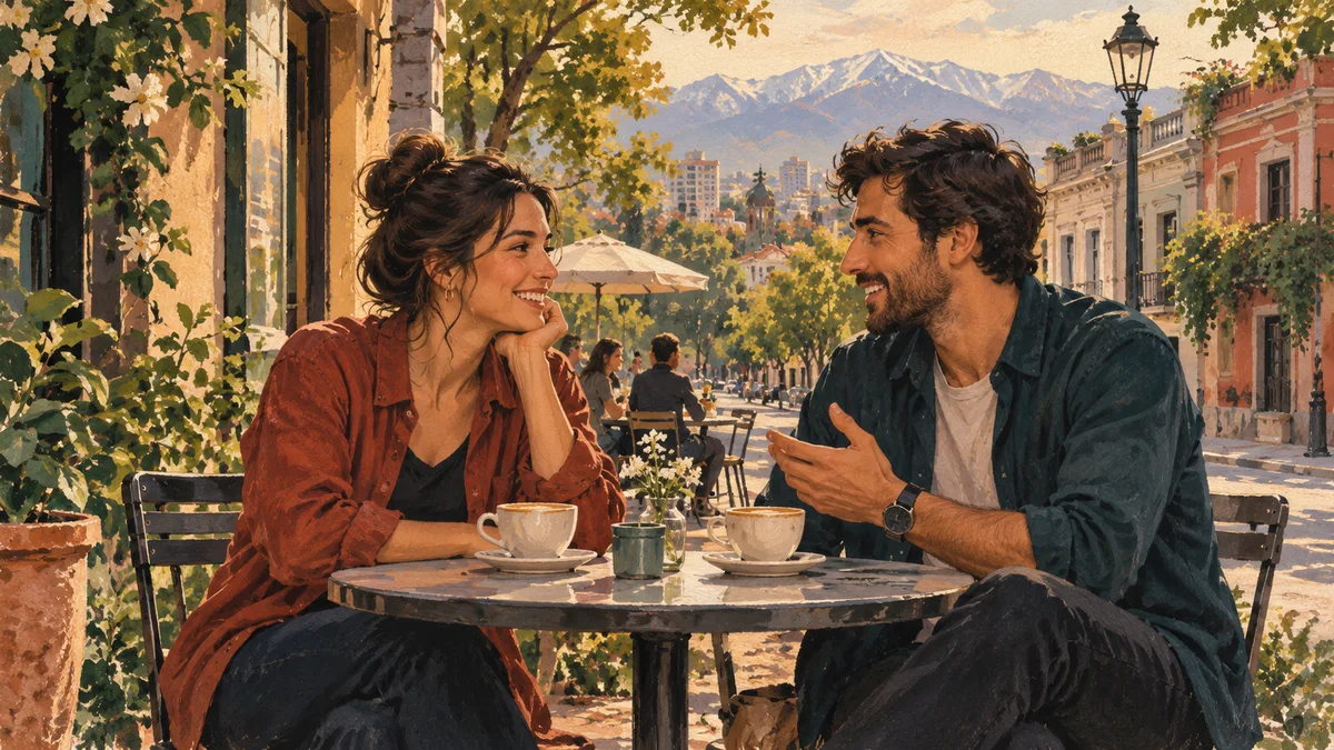 Ilustración de dos adultos conversando en la terraza de un café de Santiago
